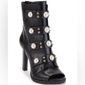 Karl Lagerfeld SZ 6.5 Paris Brayden Blk Leather Embellished Peep Toe Bootie-NWOB